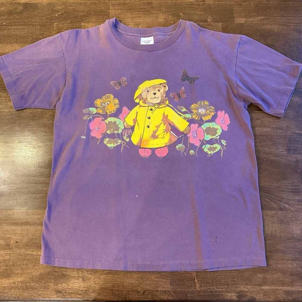Vintage College Wear Teddy Bear Raincoat Flowers Single Stitch Womens Size Large